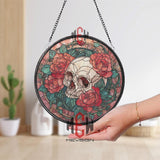 Skull and Roses Stained Glass Suncatcher, Round Gothic Window Panel with Red Flowers and Vines, Dark Romantic Home Decor Gift