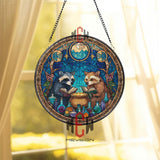 Raccoons Stained Glass Suncatcher, Round Magical Cauldron Window Panel with Books and Potions, Fantasy Woodland Home Decor Gift