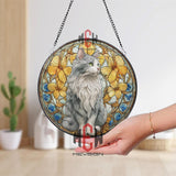 Cat Stained Glass Suncatcher, Round Gray Feline Window Panel with Yellow Flowers and Blue Accents, Elegant Pet Lover Home Decor Gift