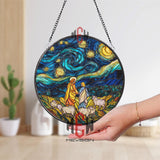 Jesus Starry Night Stained Glass Suncatcher, Round Christian Window Panel with Shepherds and Sheep, Religious Faith Home Decor Gift