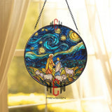Jesus Starry Night Stained Glass Suncatcher, Round Christian Window Panel with Shepherds and Sheep, Religious Faith Home Decor Gift