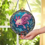 Axolotl Stained Glass Suncatcher, Round Pink Salamander Window Panel with Underwater Scene, Cute Aquatic Creature Home Decor Gift