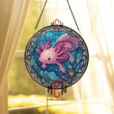 Axolotl Stained Glass Suncatcher, Round Pink Salamander Window Panel with Underwater Scene, Cute Aquatic Creature Home Decor Gift