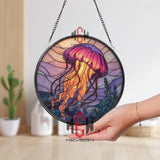 Jellyfish Stained Glass Suncatcher, Round Ocean Window Panel with Purple and Orange Sea Creature, Coastal Marine Home Decor Gift