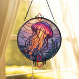 Jellyfish Stained Glass Suncatcher, Round Ocean Window Panel with Purple and Orange Sea Creature, Coastal Marine Home Decor Gift