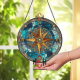 Compass Rose Stained Glass Suncatcher, Round Nautical Window Panel with Gold Directions and Blue Ocean Design, Coastal Home Decor Gift