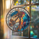 Horse Stained Glass Suncatcher, Round Window Panel with Colorful Feathers and Tribal Details, Western Cowboy Rustic Home Decor Gift