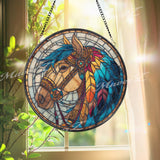 Horse Stained Glass Suncatcher, Round Window Panel with Colorful Feathers and Tribal Details, Western Cowboy Rustic Home Decor Gift
