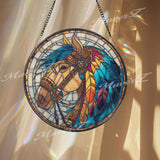 Horse Stained Glass Suncatcher, Round Window Panel with Colorful Feathers and Tribal Details, Western Cowboy Rustic Home Decor Gift