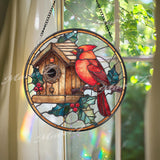 Cardinal Stained Glass Suncatcher, Round Window Panel with Birdhouse and Holly Berries, Red Bird Winter Nature Home Decor Gift