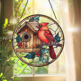 Cardinal Stained Glass Suncatcher, Round Window Panel with Birdhouse and Holly Berries, Red Bird Winter Nature Home Decor Gift