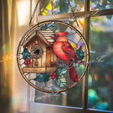 Cardinal Stained Glass Suncatcher, Round Window Panel with Birdhouse and Holly Berries, Red Bird Winter Nature Home Decor Gift