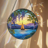 Sailboat Stained Glass Suncatcher, Round Window Panel with Sunset Lake and Wisteria Flowers, Nautical Nature Home Decor Gift