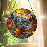 Coffee Cup Stained Glass Suncatcher, Round Window Panel with Autumn Forest and River Scene, Cozy Cabin Nature Home Decor Gift
