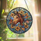 Horse Stained Glass Suncatcher, Round Window Panel with Sunflowers and Butterflies, Colorful Floral Nature Equestrian Home Decor Gift