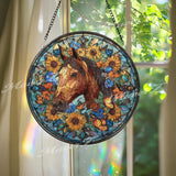 Horse Stained Glass Suncatcher, Round Window Panel with Sunflowers and Butterflies, Colorful Floral Nature Equestrian Home Decor Gift