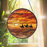 Desert Sunset Stained Glass Suncatcher, Round Window Panel with Camel Caravan Silhouette, Warm Landscape Home Decor Travel Gift