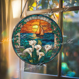 Sailboat Stained Glass Suncatcher, Round Window Panel with Calla Lilies and Sunset Ocean View, Nautical Floral Nature Home Decor
