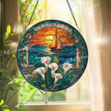 Sailboat Stained Glass Suncatcher, Round Window Panel with Calla Lilies and Sunset Ocean View, Nautical Floral Nature Home Decor