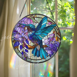 Hummingbird Stained Glass Suncatcher, Round Window Panel with Purple Flowers, Blue Bird Nature Art Hanging Home Decor Gift