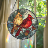 Cardinals Stained Glass Suncatcher, Round Window Panel with Red and Yellow Birds, Pinecones and Berries, Winter Nature Home Decor