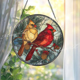 Cardinals Stained Glass Suncatcher, Round Window Panel with Red and Yellow Birds, Pinecones and Berries, Winter Nature Home Decor