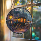 Carriage Stained Glass Suncatcher, Round Window Panel with Vintage Street Lanterns, Victorian Gothic City Scene Home Decor Gift