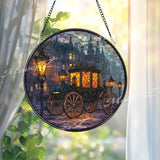 Carriage Stained Glass Suncatcher, Round Window Panel with Vintage Street Lanterns, Victorian Gothic City Scene Home Decor Gift