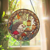 Hedgehog Stained Glass Suncatcher, Round Window Panel with Autumn Leaves, Mushrooms and Lantern, Woodland Animal Home Decor Gift