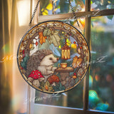 Hedgehog Stained Glass Suncatcher, Round Window Panel with Autumn Leaves, Mushrooms and Lantern, Woodland Animal Home Decor Gift
