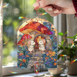 Mice Mushroom House Acrylic Suncatcher, Cute Woodland Window Decor, Stained Glass Style Art, Fairy Tale Gift for Nature Lovers