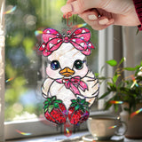 Strawberry Duck Acrylic Suncatcher, Cute Bird Window Decor, Stained Glass Style Kawaii Art, Pink Bow Gift for Animal Lovers