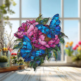 Blue Butterfly Acrylic Suncatcher, Stained Glass Style Pink Peony Flower Window Hanging, Colorful Garden Decor Gift for Nature Lovers