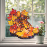 Autumn Boots Acrylic Suncatcher, Stained Glass Style Fall Leaves Window Hanging, Rustic Seasonal Home Decor Gift for Autumn Lovers