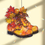 Autumn Boots Acrylic Suncatcher, Stained Glass Style Fall Leaves Window Hanging, Rustic Seasonal Home Decor Gift for Autumn Lovers