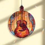 Guitar Acrylic Suncatcher, Round Stained Glass Style Music Window Hanging, Colorful Acoustic Instrument Home Decor Gift for Musicians