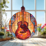Guitar Acrylic Suncatcher, Round Stained Glass Style Music Window Hanging, Colorful Acoustic Instrument Home Decor Gift for Musicians