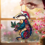 Christmas Badger Acrylic Suncatcher, Stained Glass Style Holiday Animal Window Hanging, Festive Wildlife Decor Gift with Santa Hat