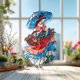 Lady with Umbrella Acrylic Suncatcher, Stained Glass Style Woman Window Hanging, Colorful Vintage Dress Fruit Basket Home Decor