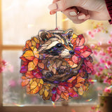 Raccoon Autumn Leaves Acrylic Suncatcher, Stained Glass Style Woodland Animal with Fall Foliage, Rustic Nature Window Hanging Decor