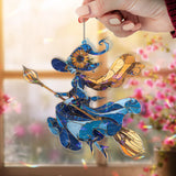 Blue Witch Acrylic Suncatcher, Stained Glass Style Flying Witch with Sunflower Hat and Broom, Gothic Halloween Window Hanging Decor