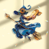 Blue Witch Acrylic Suncatcher, Stained Glass Style Flying Witch with Sunflower Hat and Broom, Gothic Halloween Window Hanging Decor
