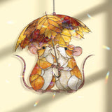 Mouse Couple Acrylic Suncatcher, Stained Glass Style Cute Mice with Autumn Leaf Umbrella, Woodland Animal Window Hanging Home Decor