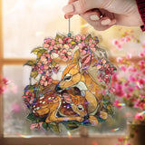 Deer and Fawn Acrylic Suncatcher, Stained Glass Style Woodland Mother Deer with Blossoms, Rustic Nature Window Hanging Home Decor Gift