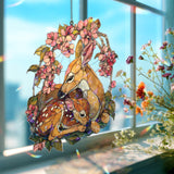 Deer and Fawn Acrylic Suncatcher, Stained Glass Style Woodland Mother Deer with Blossoms, Rustic Nature Window Hanging Home Decor Gift
