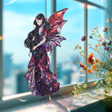Fairy Cat Acrylic Suncatcher, Stained Glass Style Dark Haired Fairy with Black Cat and Red Wings, Gothic Fantasy Window Hanging Decor