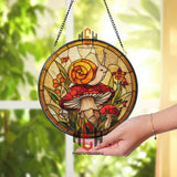 Autumn Animals Stained Glass Suncatcher, Round Raccoon and Bear by Campfire Window Hanging, Cozy Fall Nature Home Decor Gift