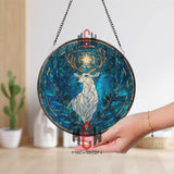 Llama Stained Glass Suncatcher, Round Colorful Alpaca with Sun and Mountain Window Hanging, Boho Nature Art Home Decor Gift