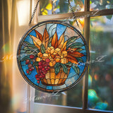Autumn Harvest Stained Glass Suncatcher, Round Basket with Golden Leaves and Grapes Window Panel, Fall Floral Glass Art Decor