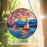 Sailboat Sunset Stained Glass Suncatcher, Round Lake Window Panel with Pink Cherry Blossoms, Ocean Horizon Art Home Decor